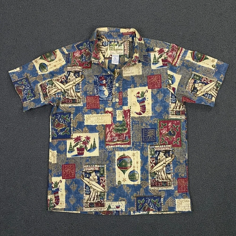 Reyn Spooner Mele Kalikimaka Hawaiian Shirt Boys Large Xmas Santa Popover
